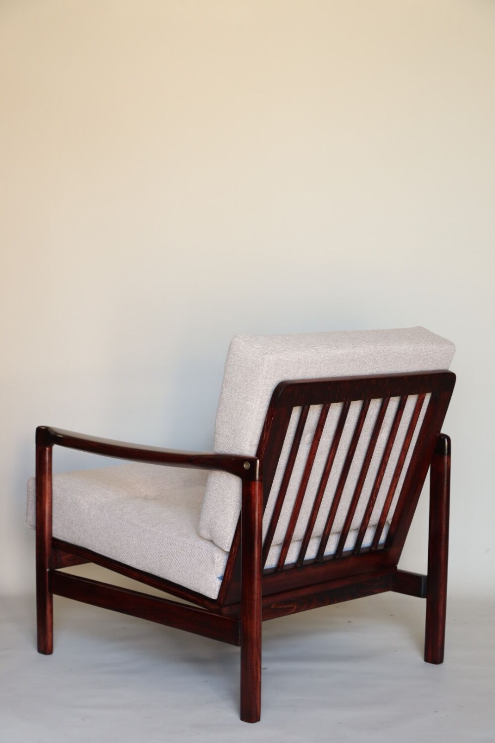 Wood armchair oryginal design by Z. Baczyk 7522 beige colour fabrics palisander wood