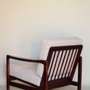 Wood armchair oryginal design by Z. Baczyk 7522 beige colour fabrics palisander wood