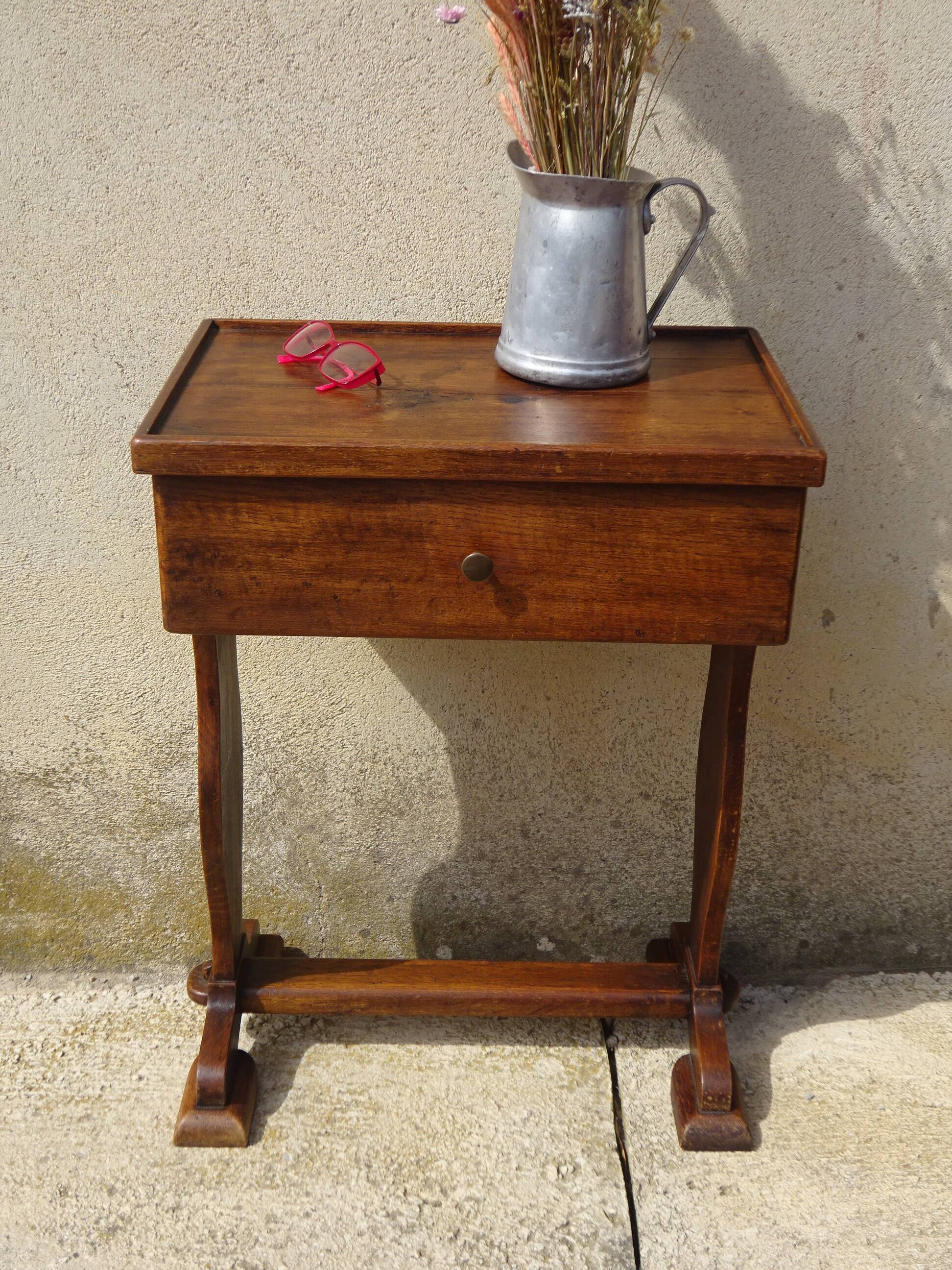 Bolster or end table with drawer, patina