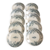 10 assiettes plates en terre de fer, Badonviller TF ( Théophile Fenel ) "Roses"- XIXème siècle