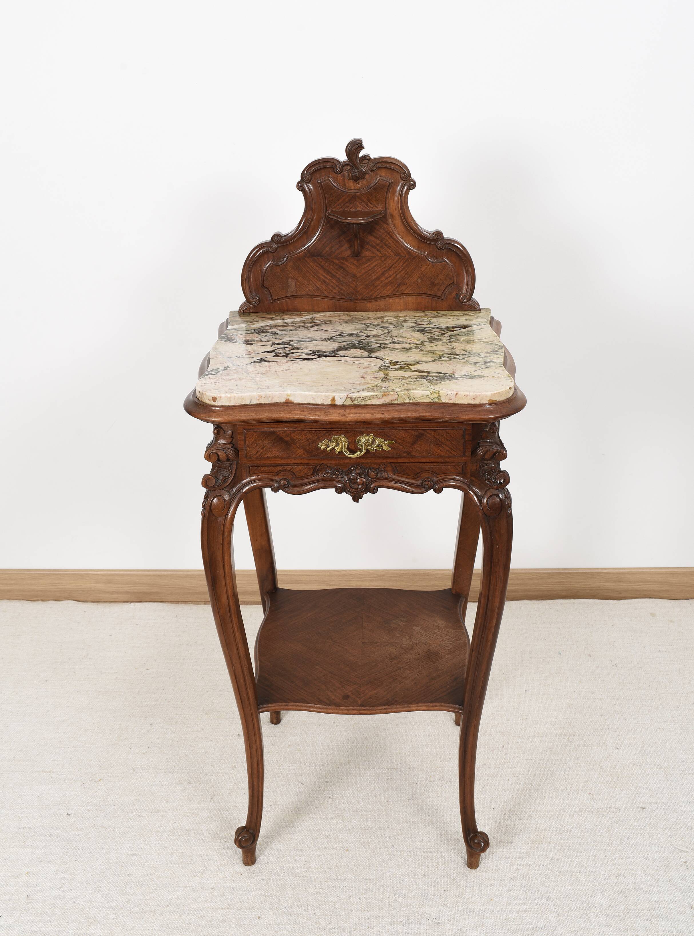 Pedestal table, old bedside table, Louis XV style, in wood and marble