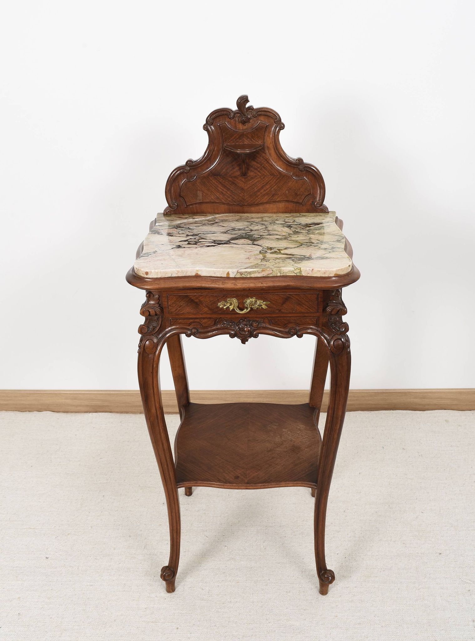Pedestal table, old bedside table, Louis XV style, in wood and marble
