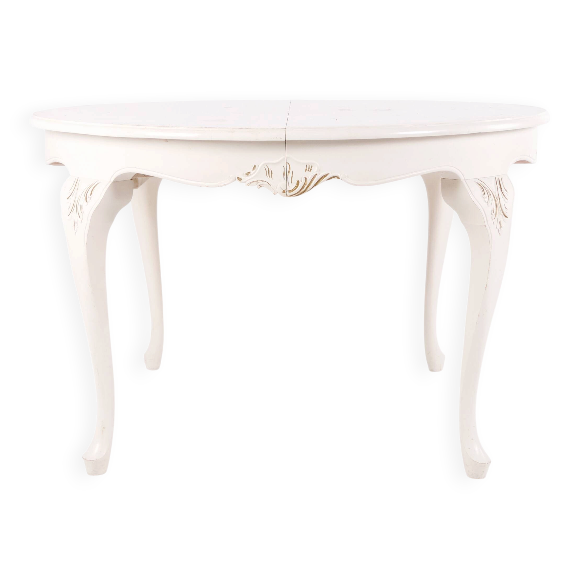 Antique round dining table with extension - Neo Rococo style - white painted with decorative details - 1920s