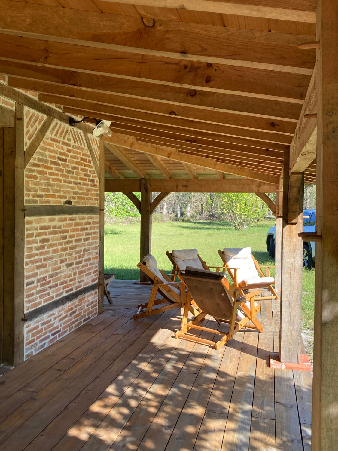 4 garden armchairs 1970 in pine and beige fabric