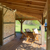 4 garden armchairs 1970 in pine and beige fabric