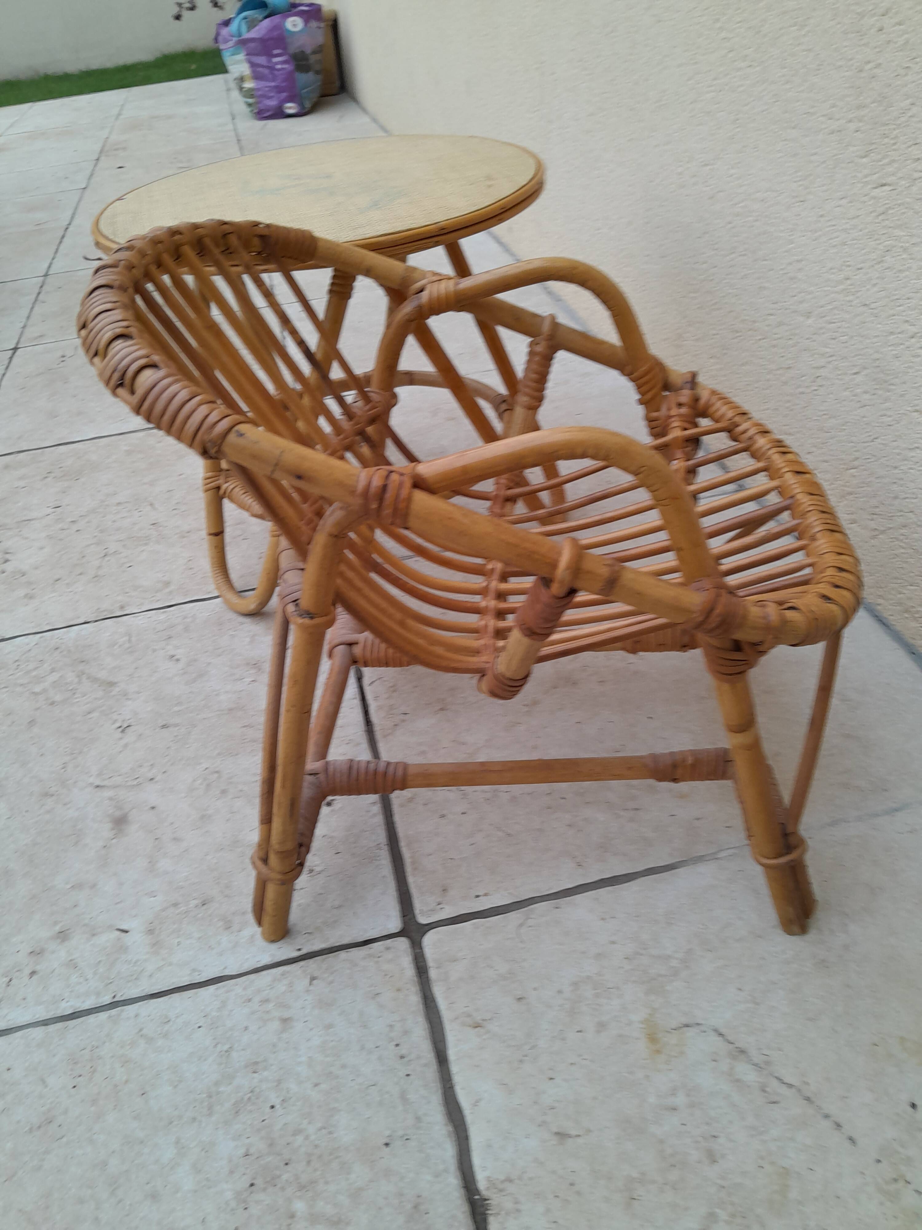 Vintage rattan children's table and armchair