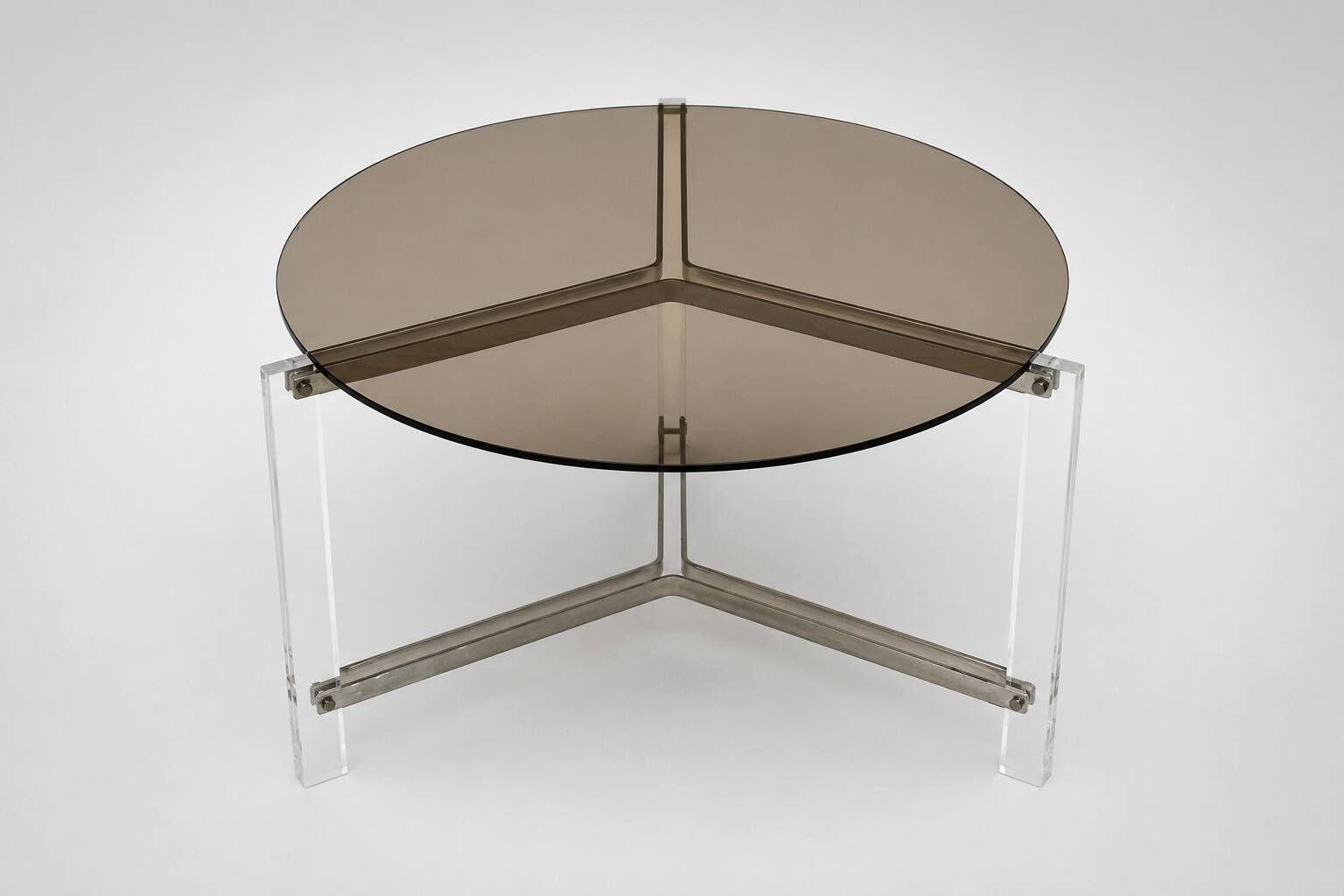 Vintage round coffee table in smoked glass and plexiglass – 1970s