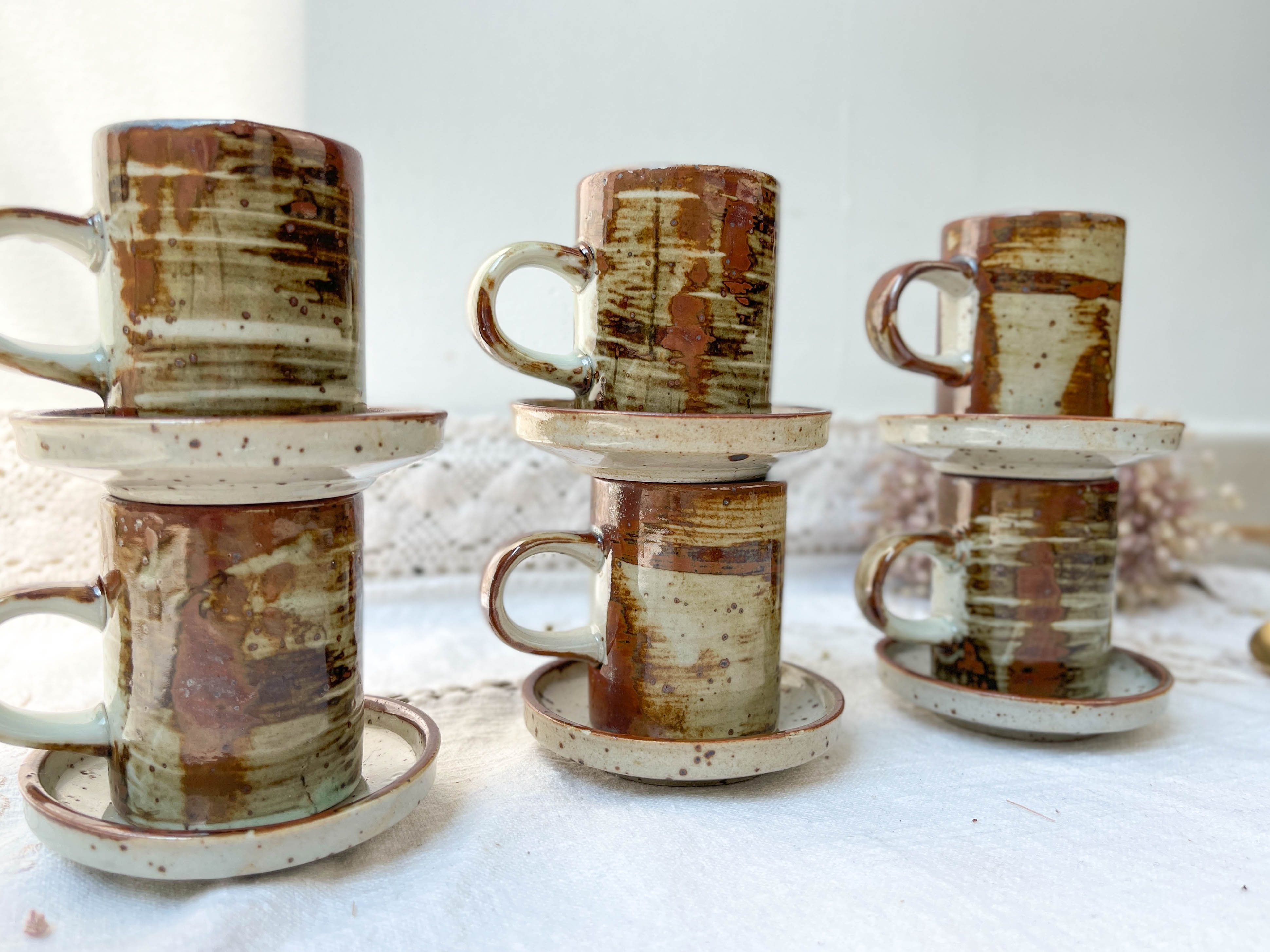 6 cups and under cups in vintage enamelled stoneware