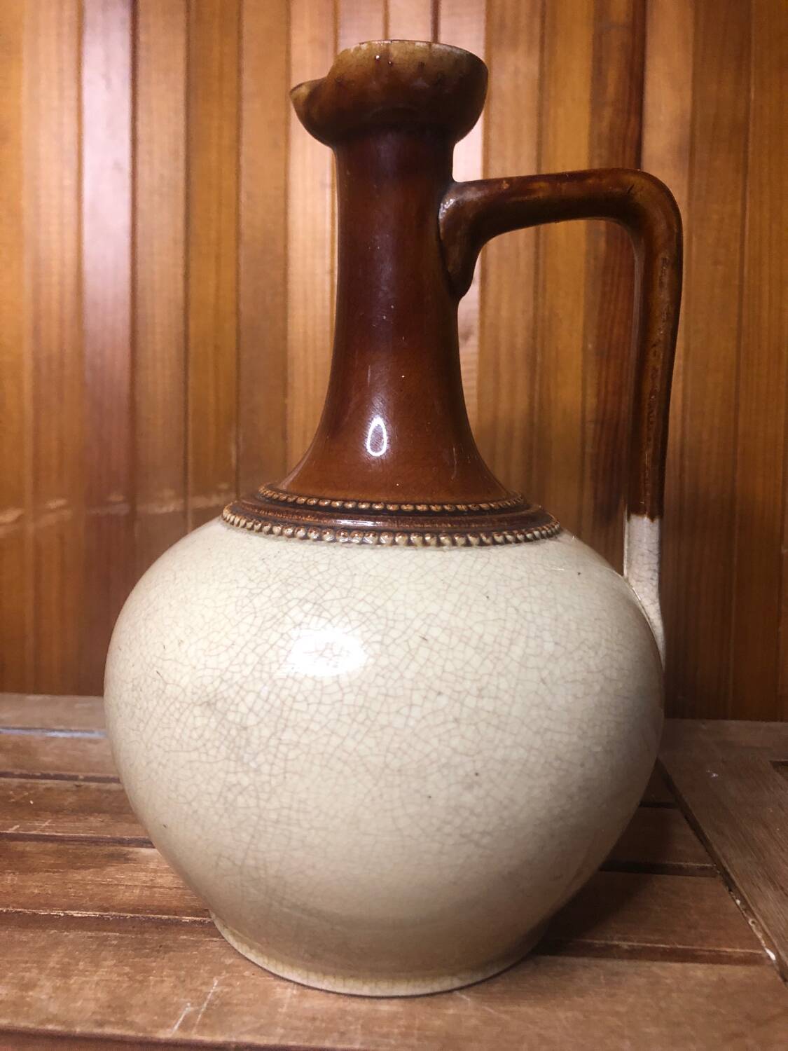 Old Vintage White & Brown Cracked Ceramic Pitcher