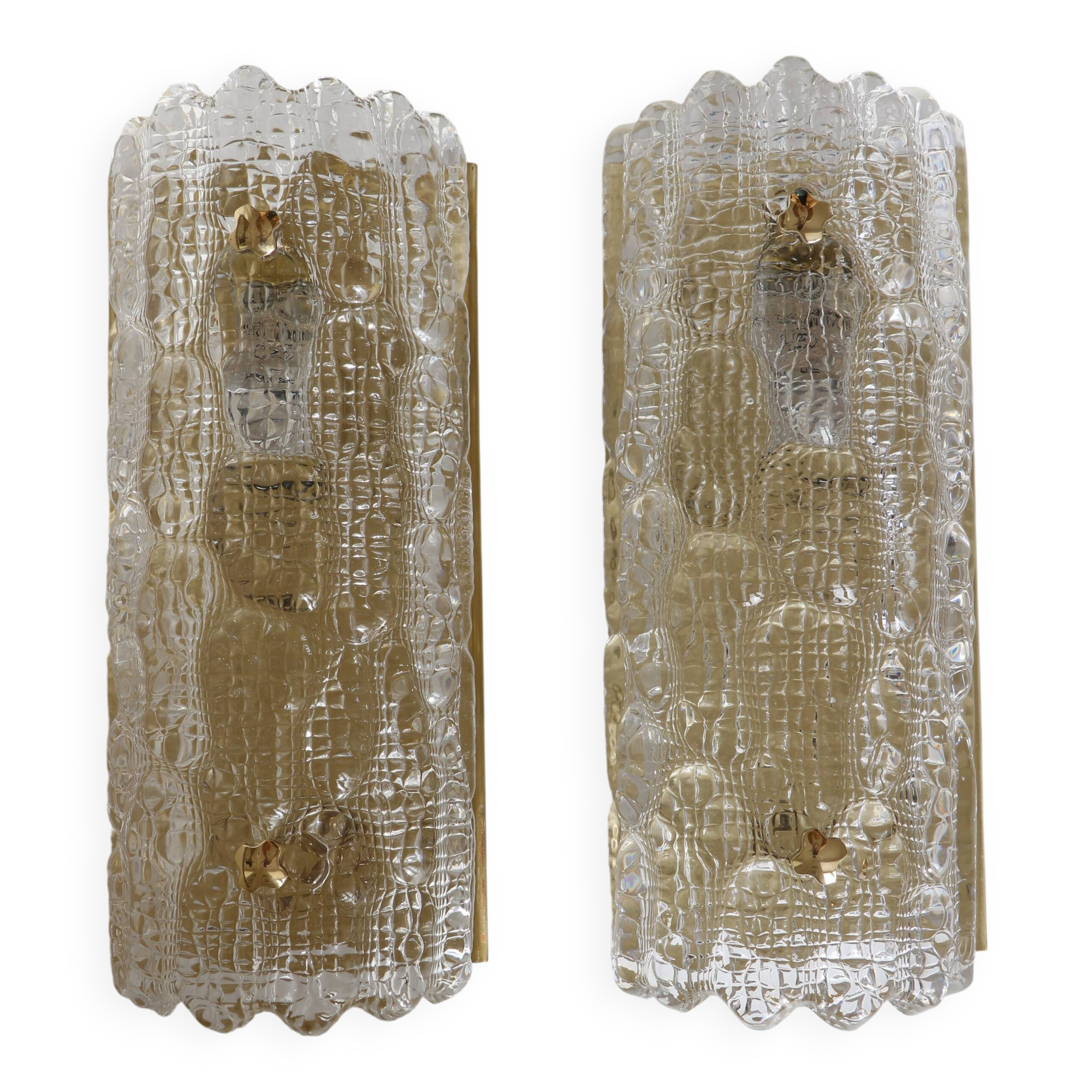 Pair of glass and brass wall lights by Carl Fagerlund for Orrefors, 1960.
