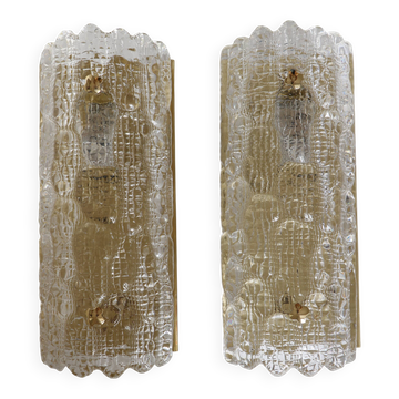 Pair of glass and brass wall lights by Carl Fagerlund for Orrefors, 1960.