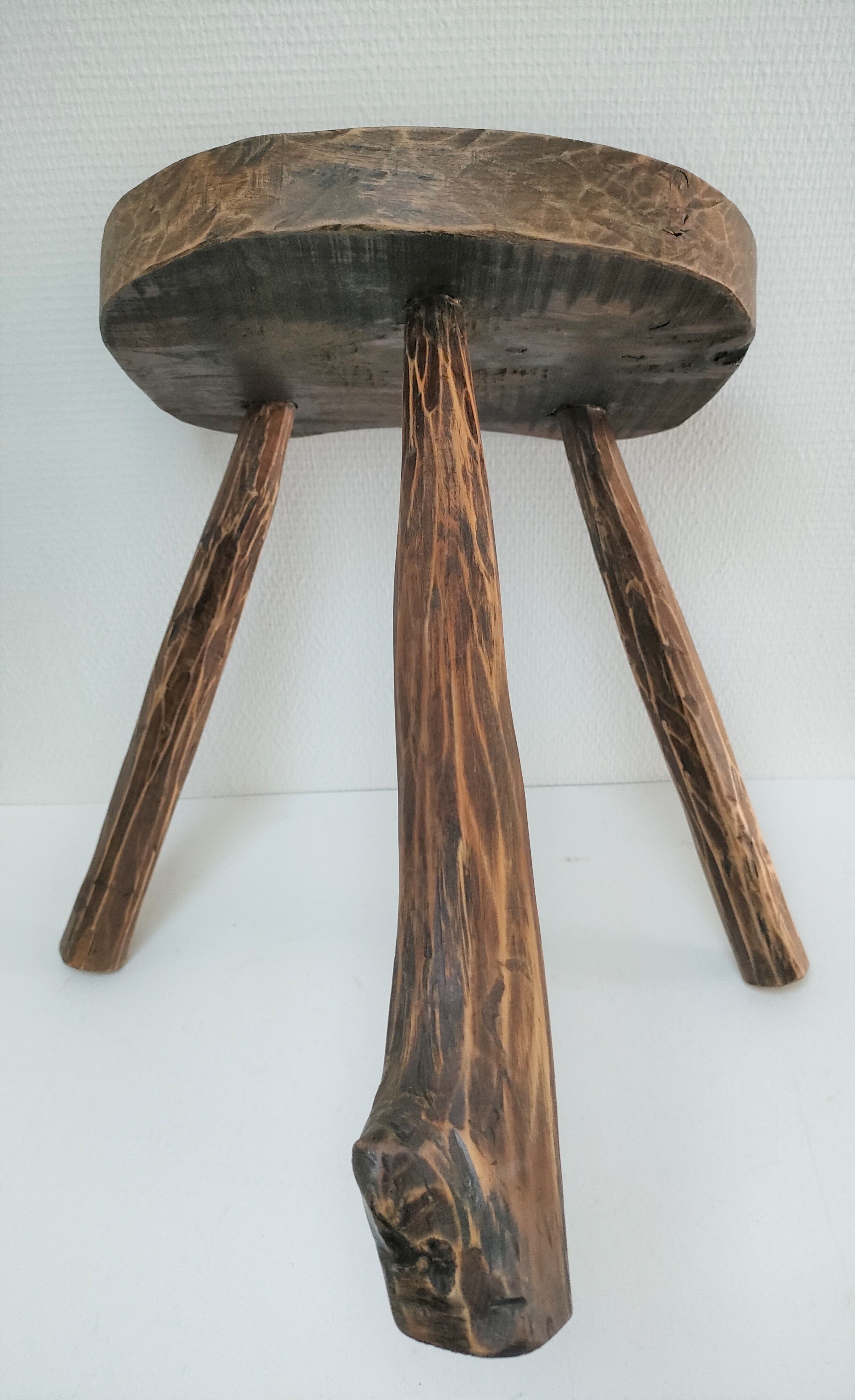 Tripod stool solid wood folk art 60s