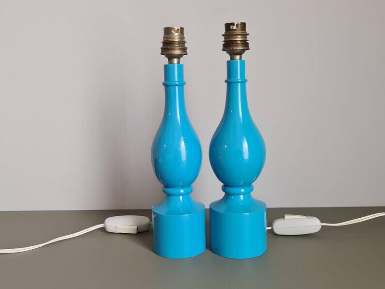 Pair of Philippe Capelle turquoise lacquered wooden table lamps MCM 1970s