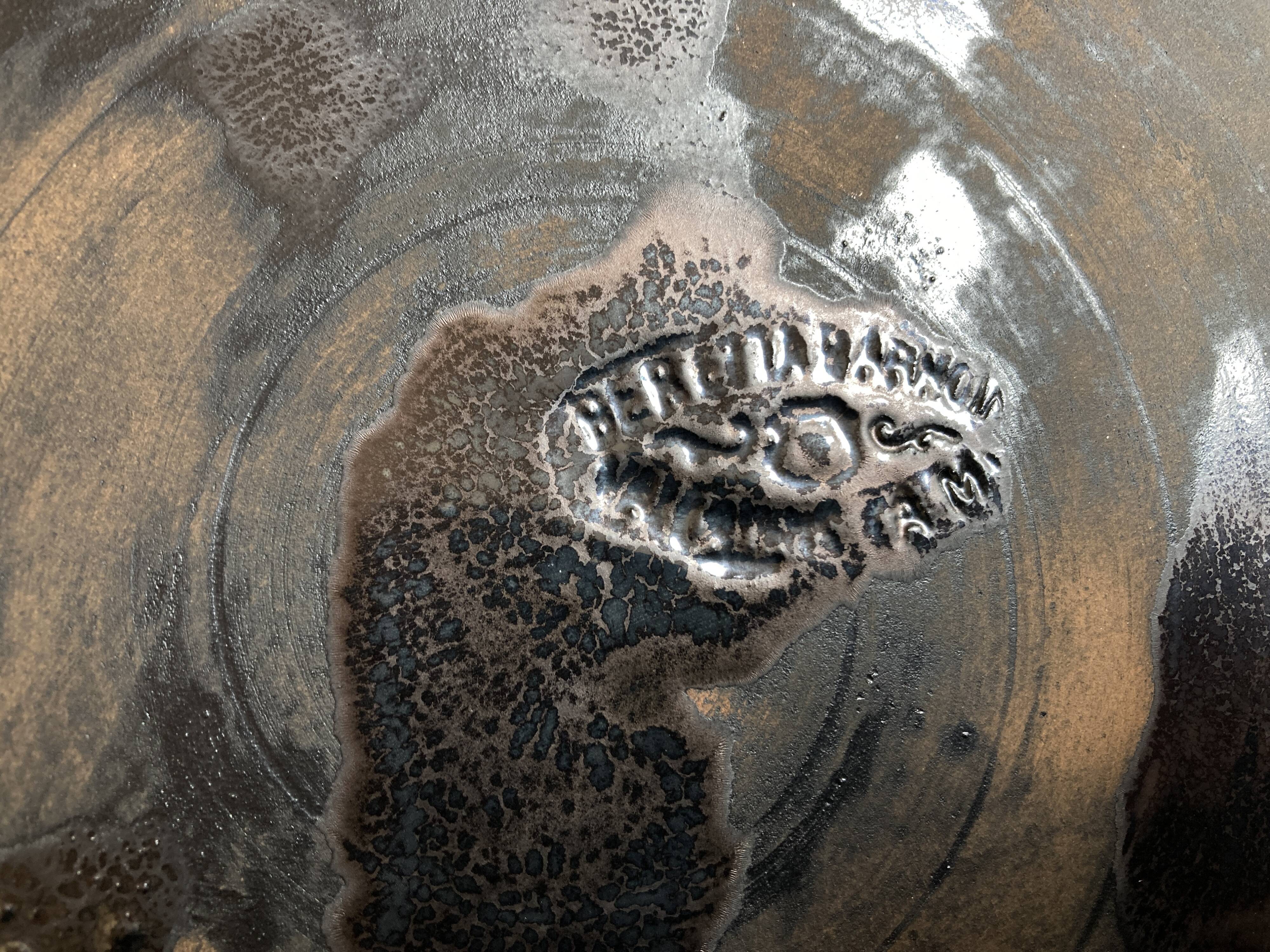 XXL Beretta Vallauris 1960 black glazed earthenware tray D34cm