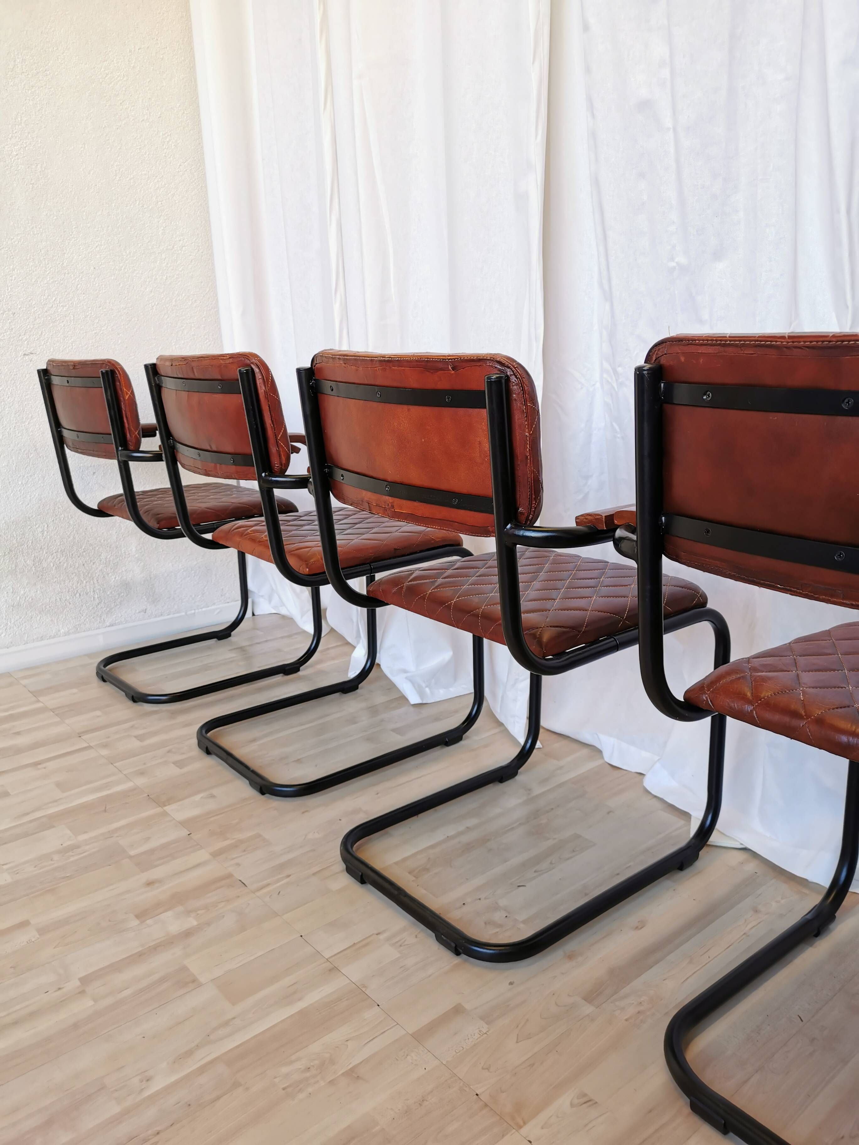 Set of 4 Vintage Quilted Leather Dining Chairs: Black Metal Base