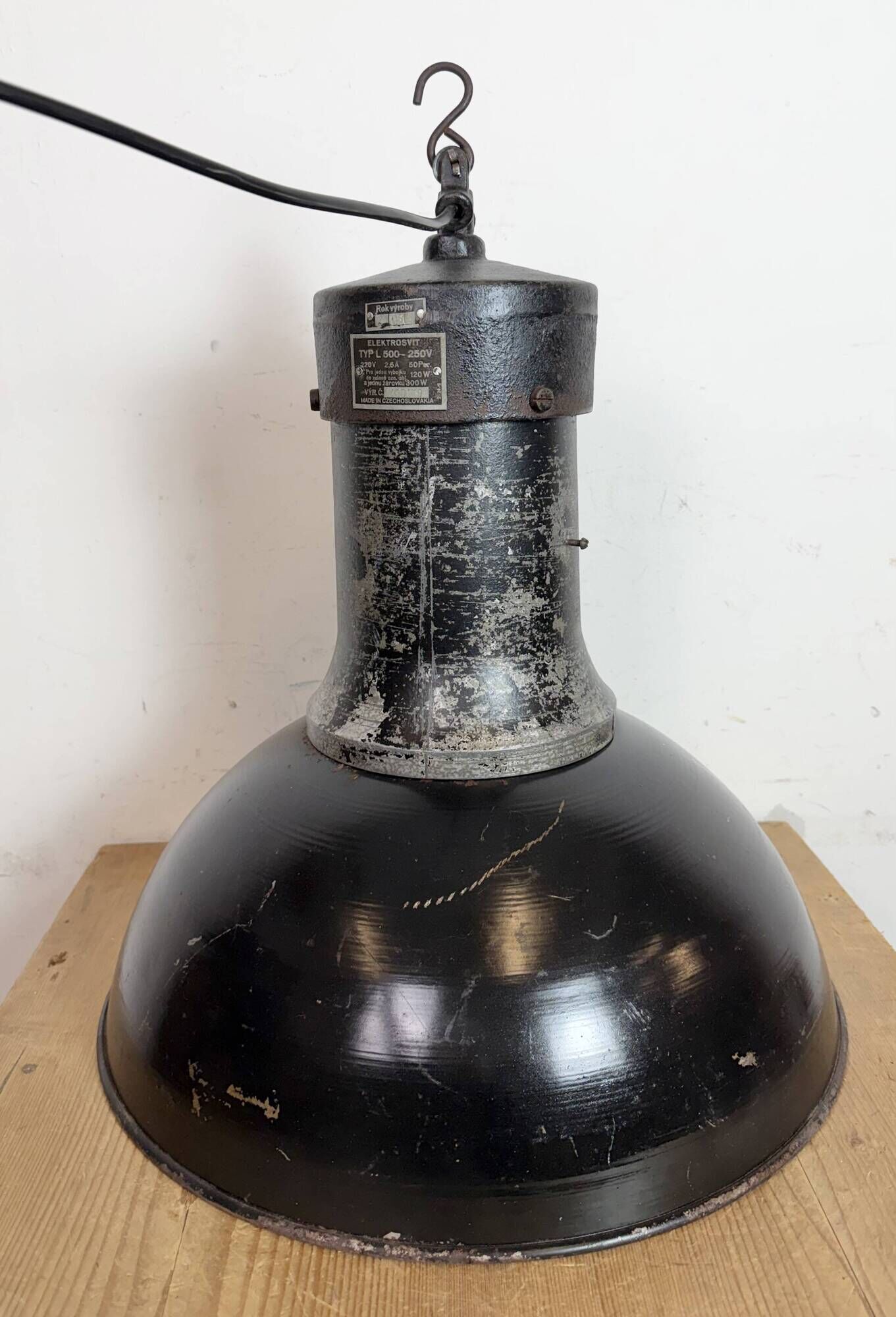 Large Industrial Factory Black Pendant Lamp with Cast Iron Top, 1950s