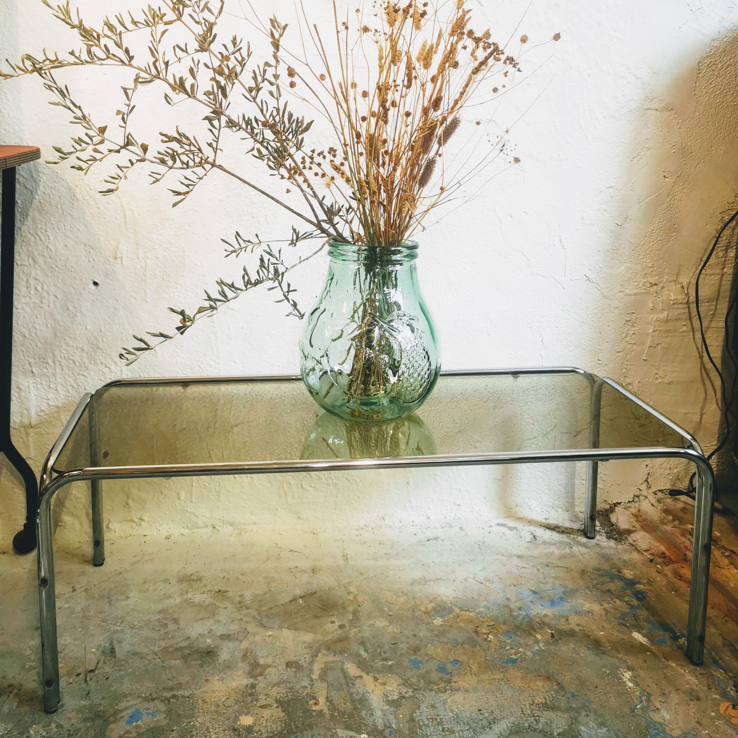 Vintage chrome metal coffee table and smoked glass tray, 70s