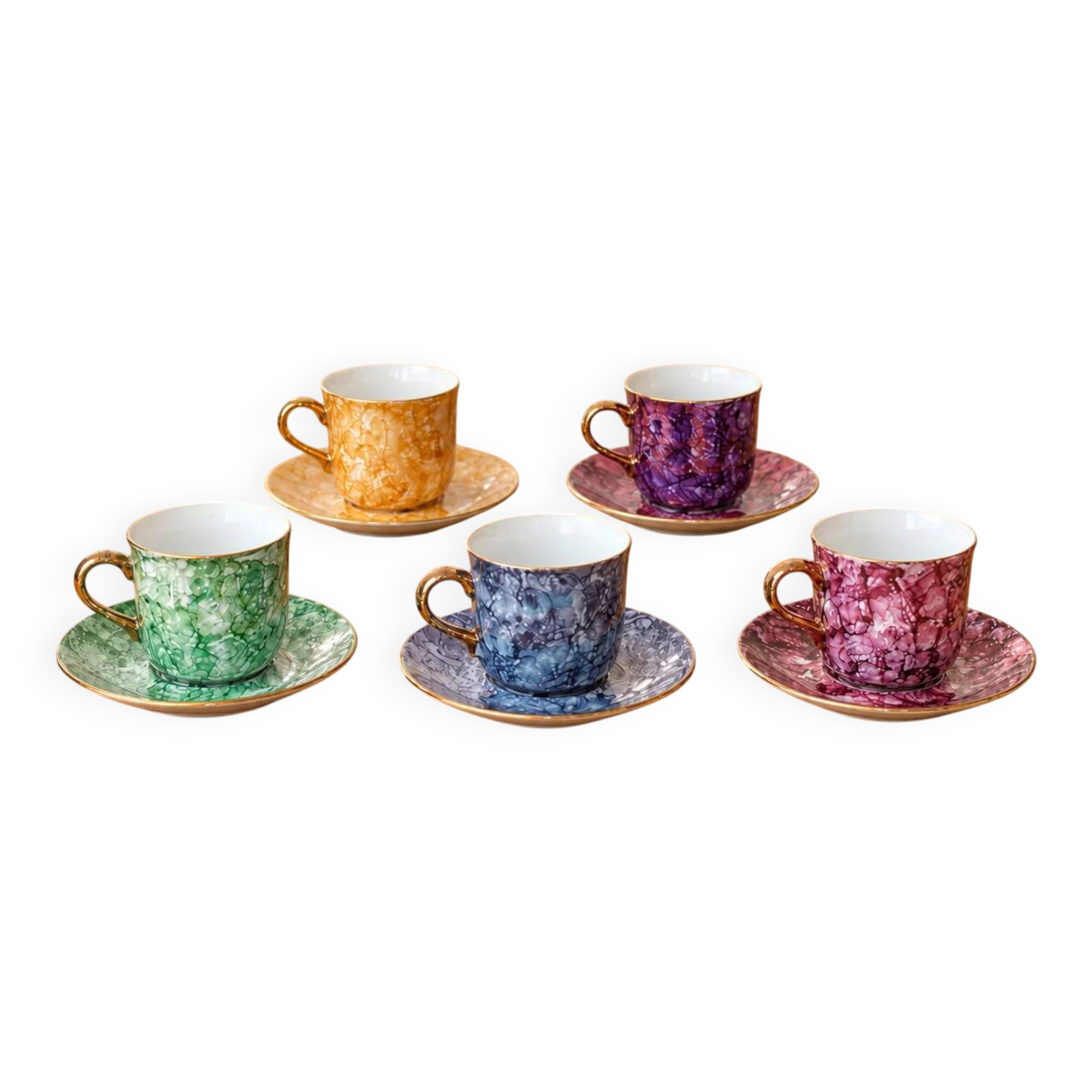 Set of 5 marbled porcelain coffee cups and saucers, hand-painted, with a gold rim.