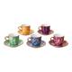 Set of 5 marbled porcelain coffee cups and saucers, hand-painted, with a gold rim.