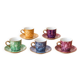 Set of 5 marbled porcelain coffee cups and saucers, hand-painted, with a gold rim.