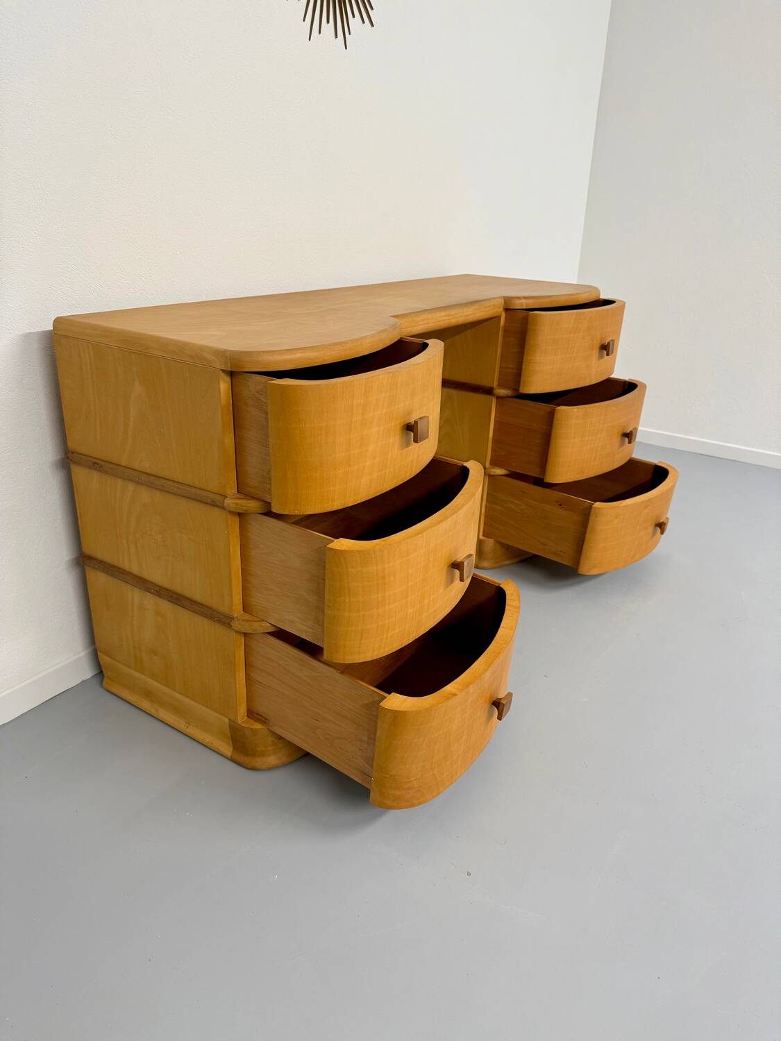 Old beech desk in art deco style with drawer, vintage 60s