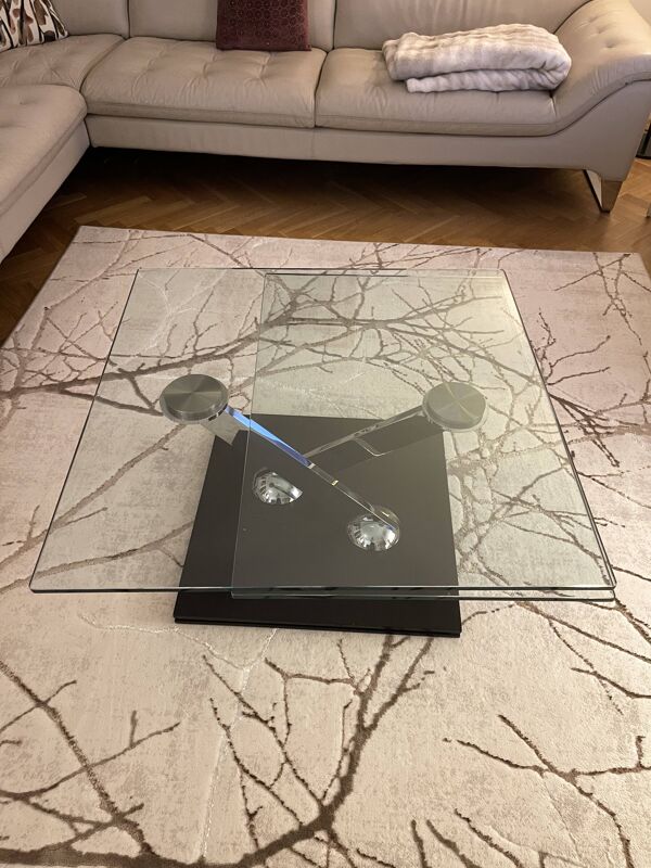 Table basse Roche Bobois – Double plateau verre & pied laqué noir