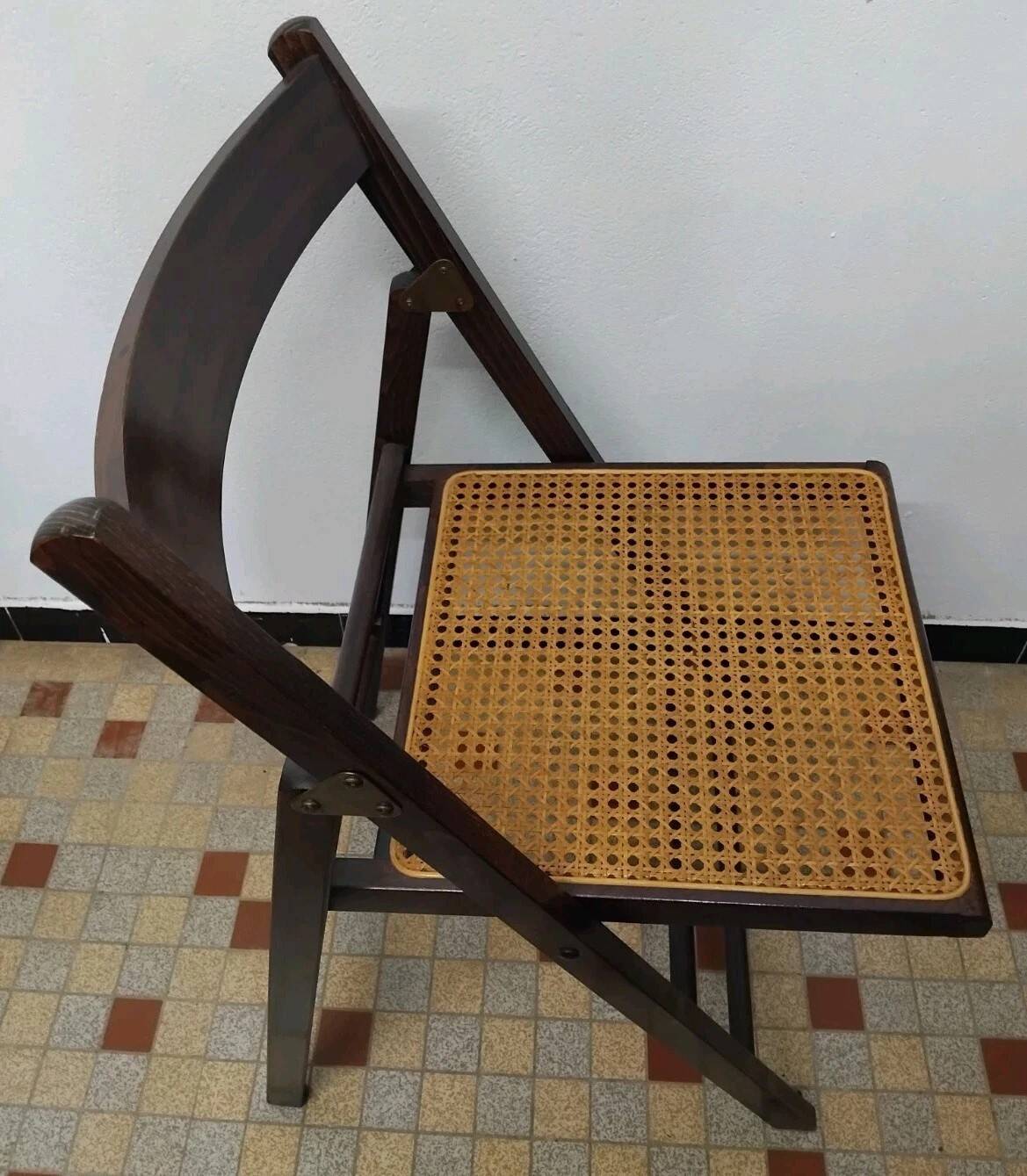 Set of 4 vintage 1970s folding chairs in wood and caning