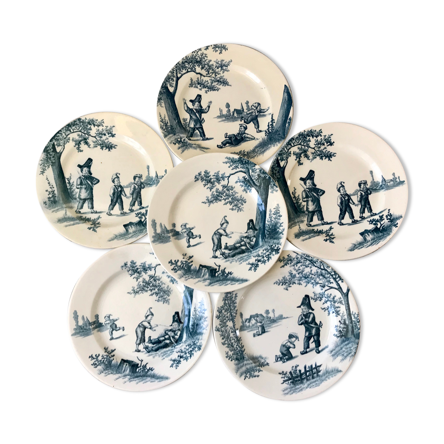 Set of 6 flat plates Iron Earth model "Garde Champêtre" late nineteenth