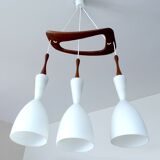 Scandinavian pendant lamp vintage, teak and opaline glasses, 50s