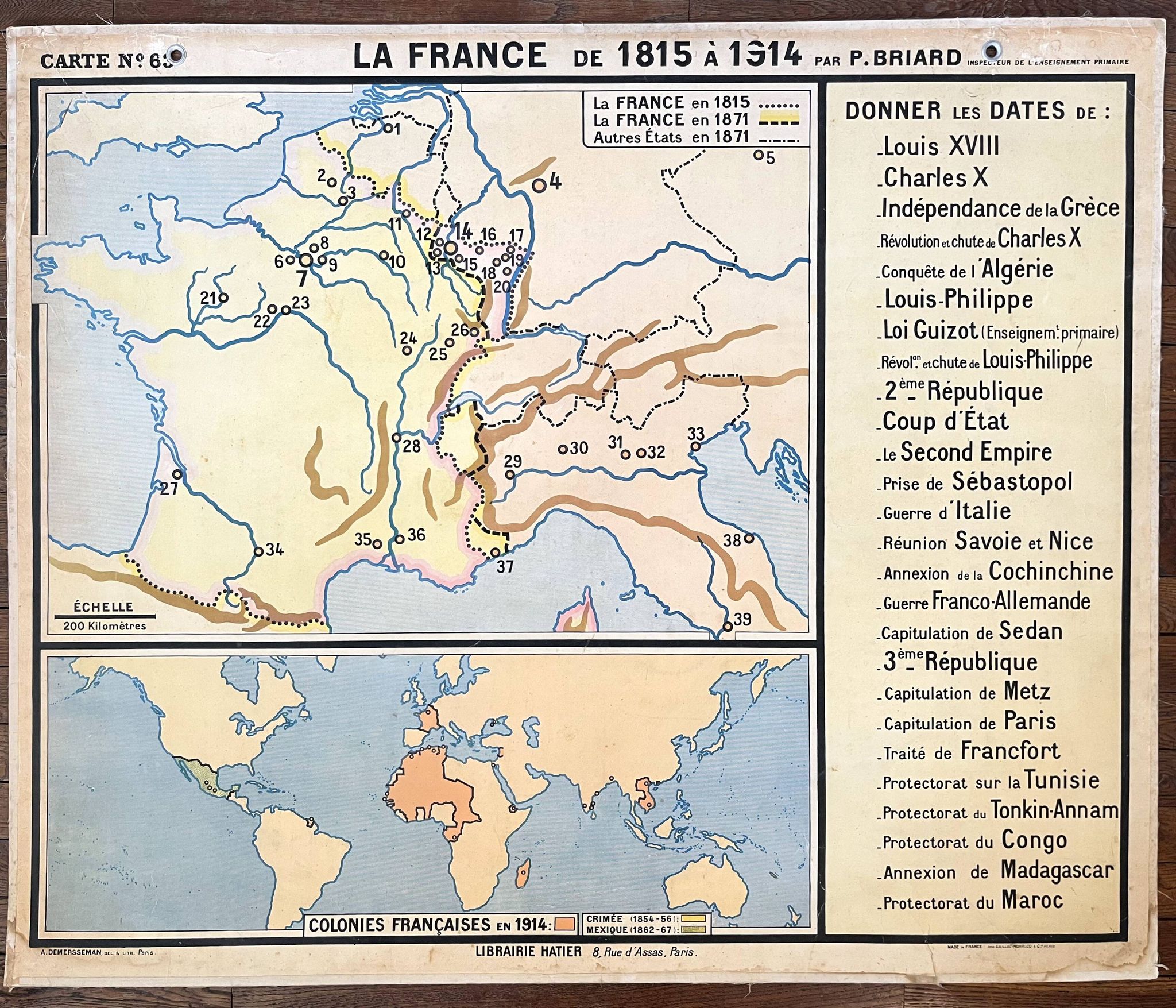 Old school map Hatier Briard 63, 1950 - France 1815 to 1914 (Rep