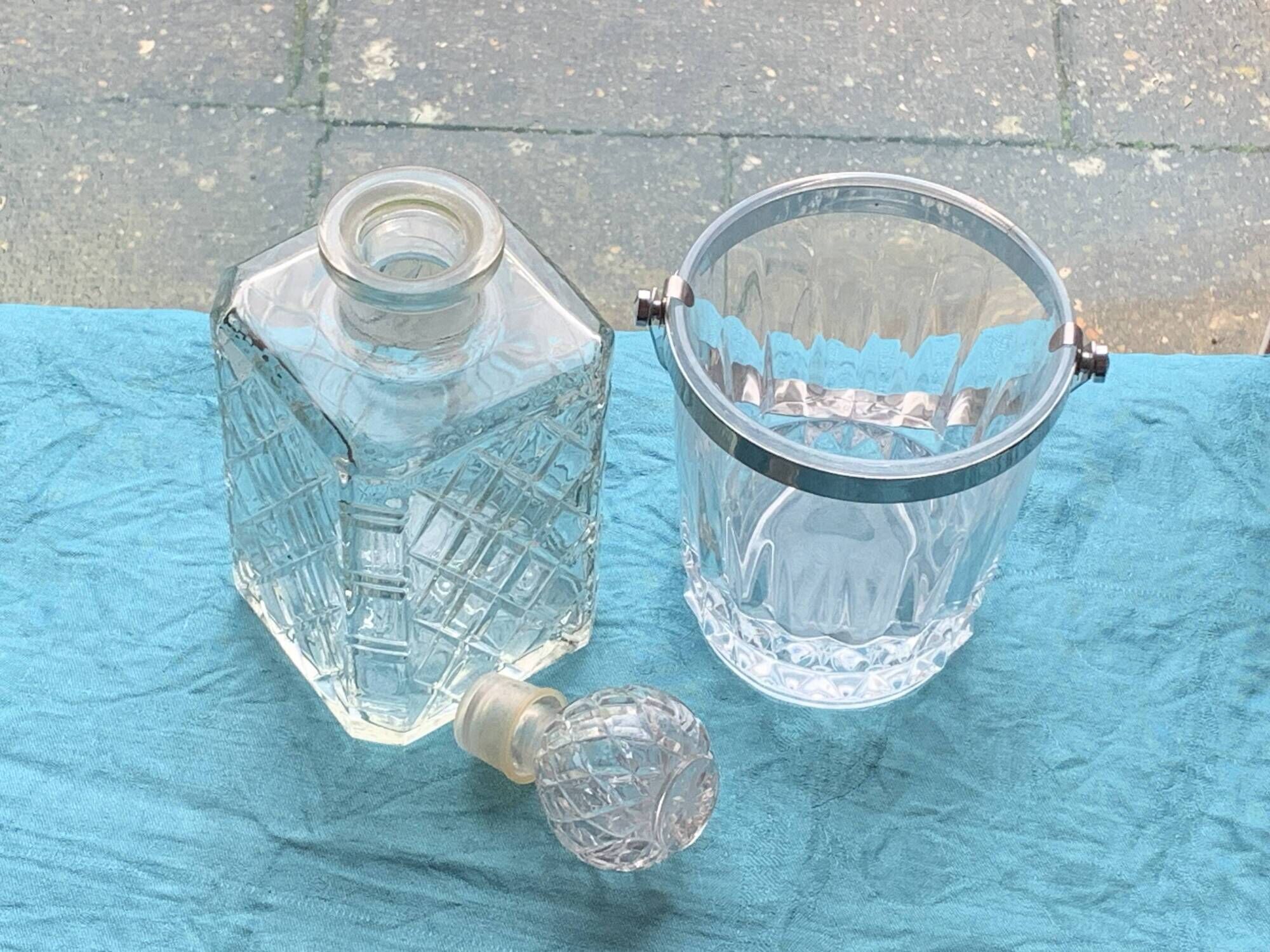 Whiskey carafe and ice bucket stamped crystal d'arques in vintage transparent glass