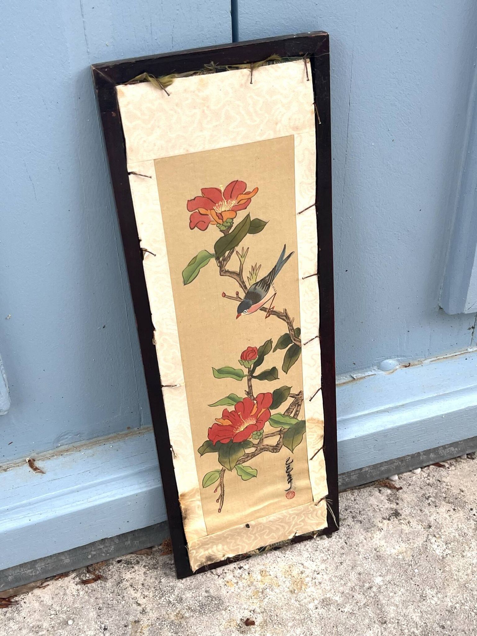 Framed Chinese Silk Embroidery Panel with Bird and Blossoms
