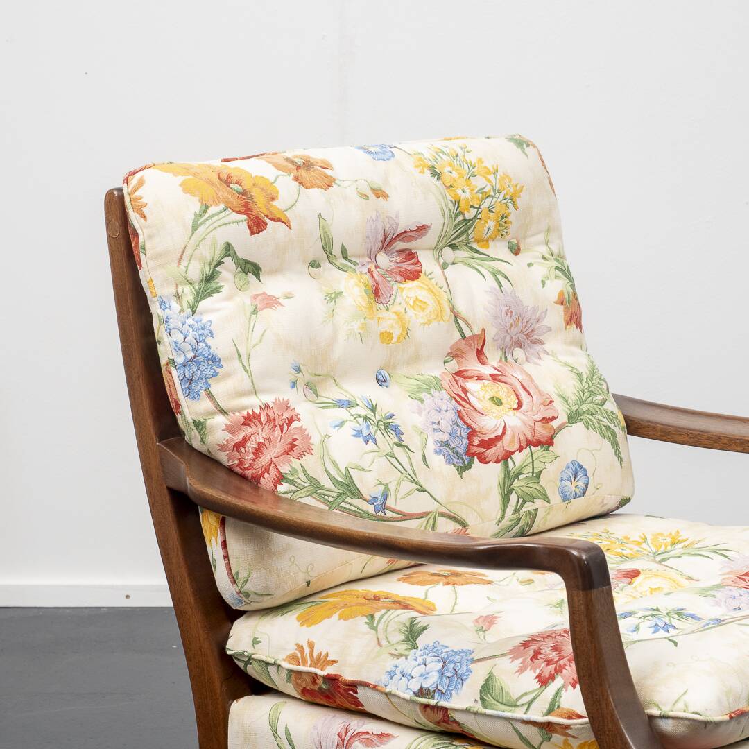 Restored 1960s armchair, floral pattern, two available.