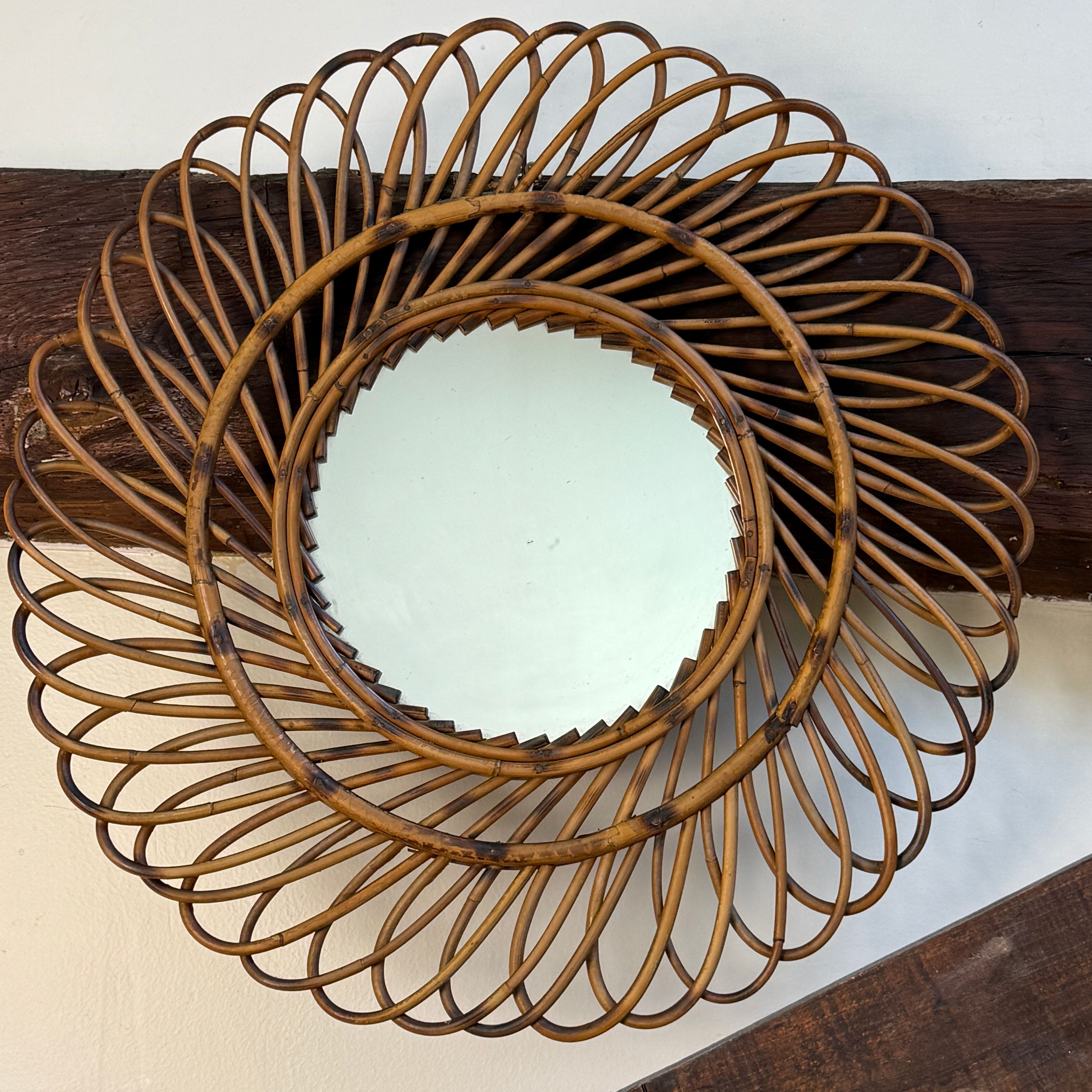 Round rattan mirror from the 1950s France