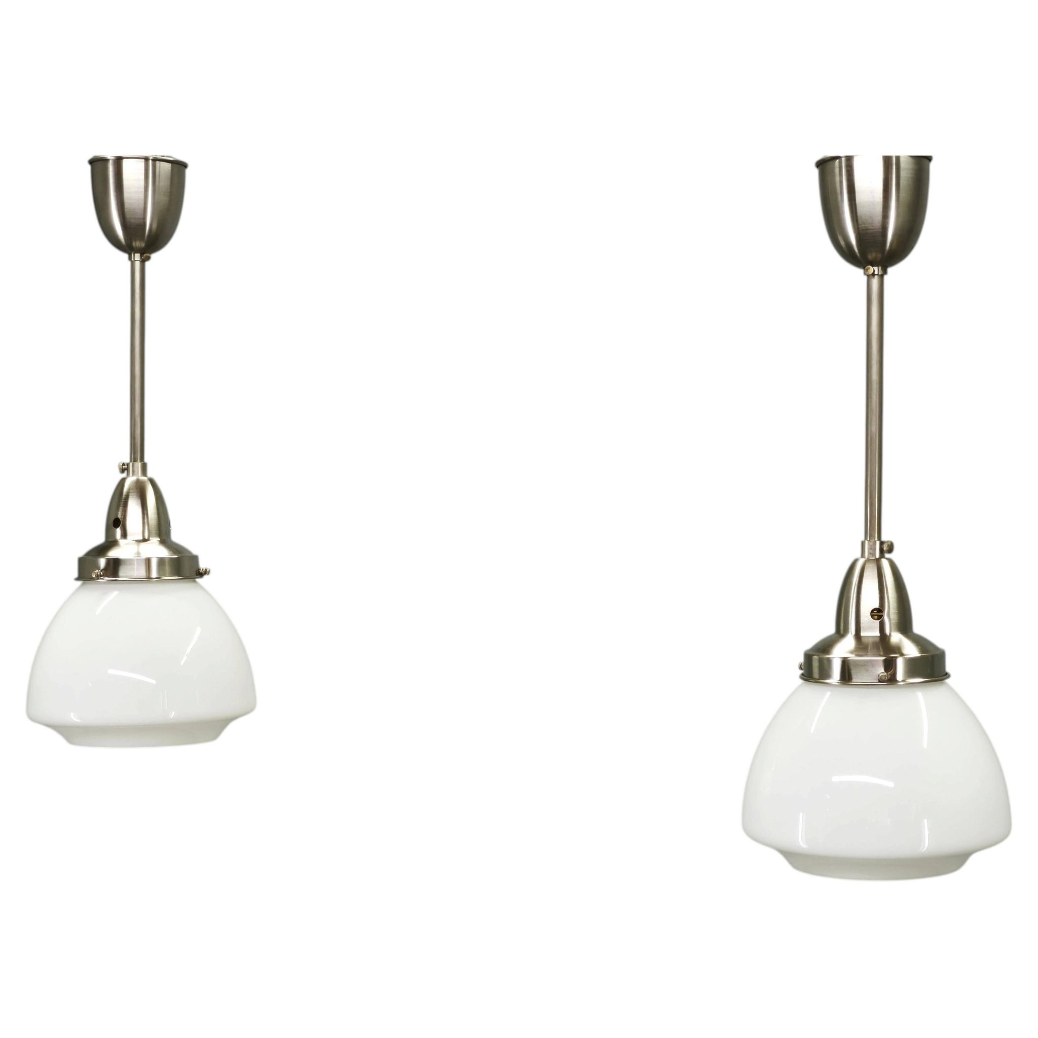 Pair of 1930s Czech Art Deco Opaline Glass and Chrome Pendant Lights