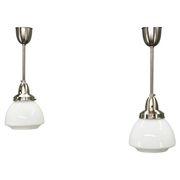 Pair of 1930s Czech Art Deco Opaline Glass and Chrome Pendant Lights