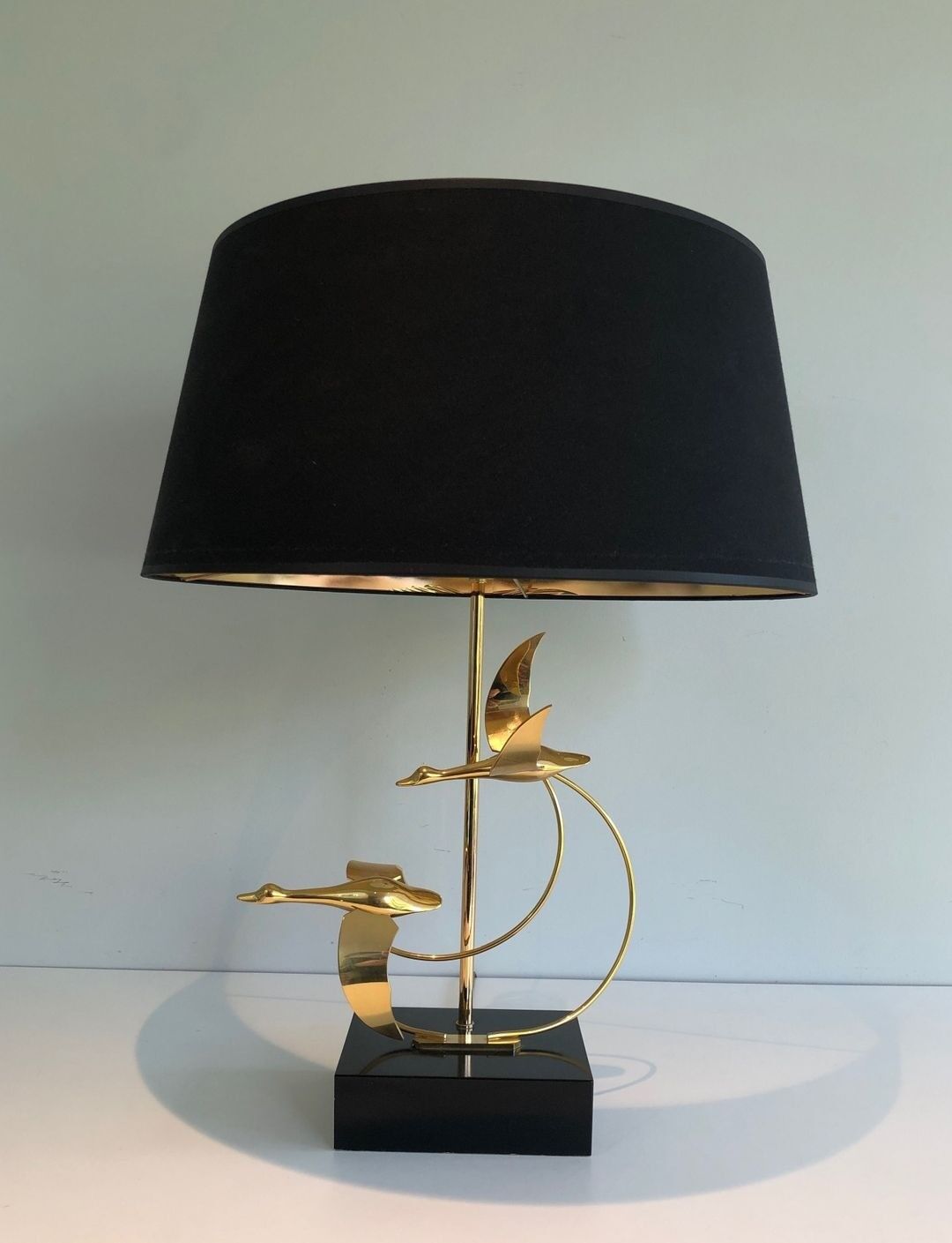 Brass Table Lamp with Wild Goose Flight, French Work, circa 1970