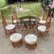 Vintage rattan dining set with glass table, 4 chairs and 4 stools.