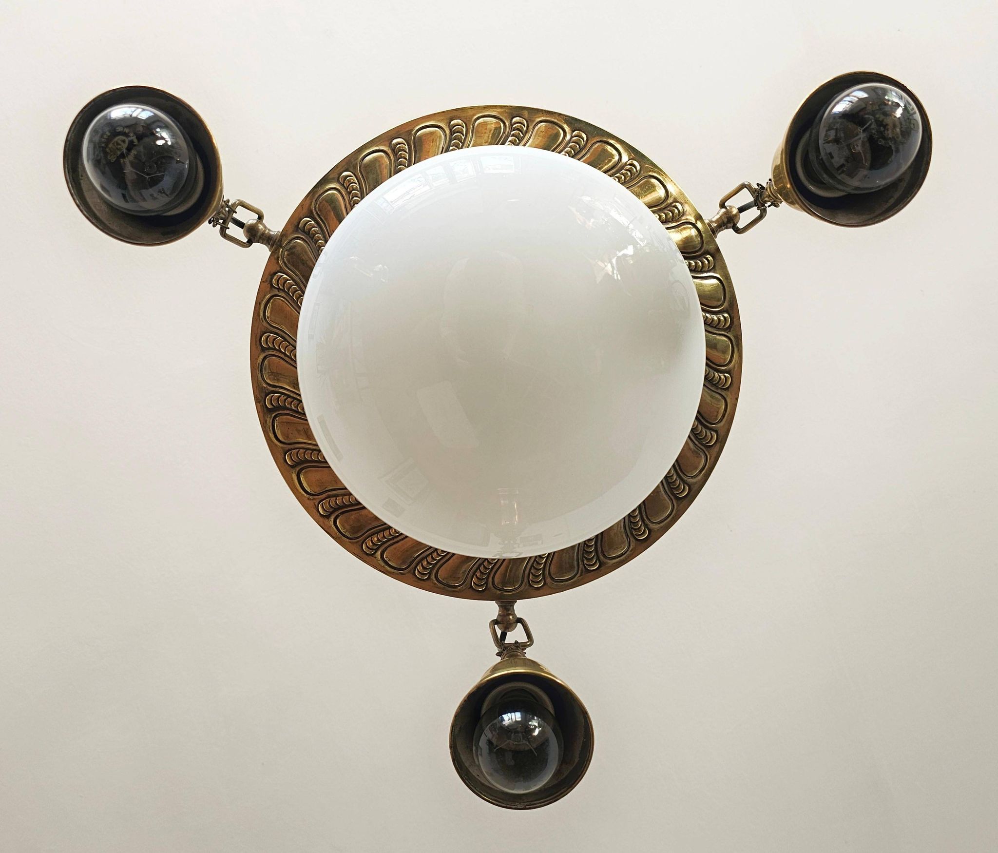 Polished Brass Art Nouveau Chandelier with Opaline Glass Dome