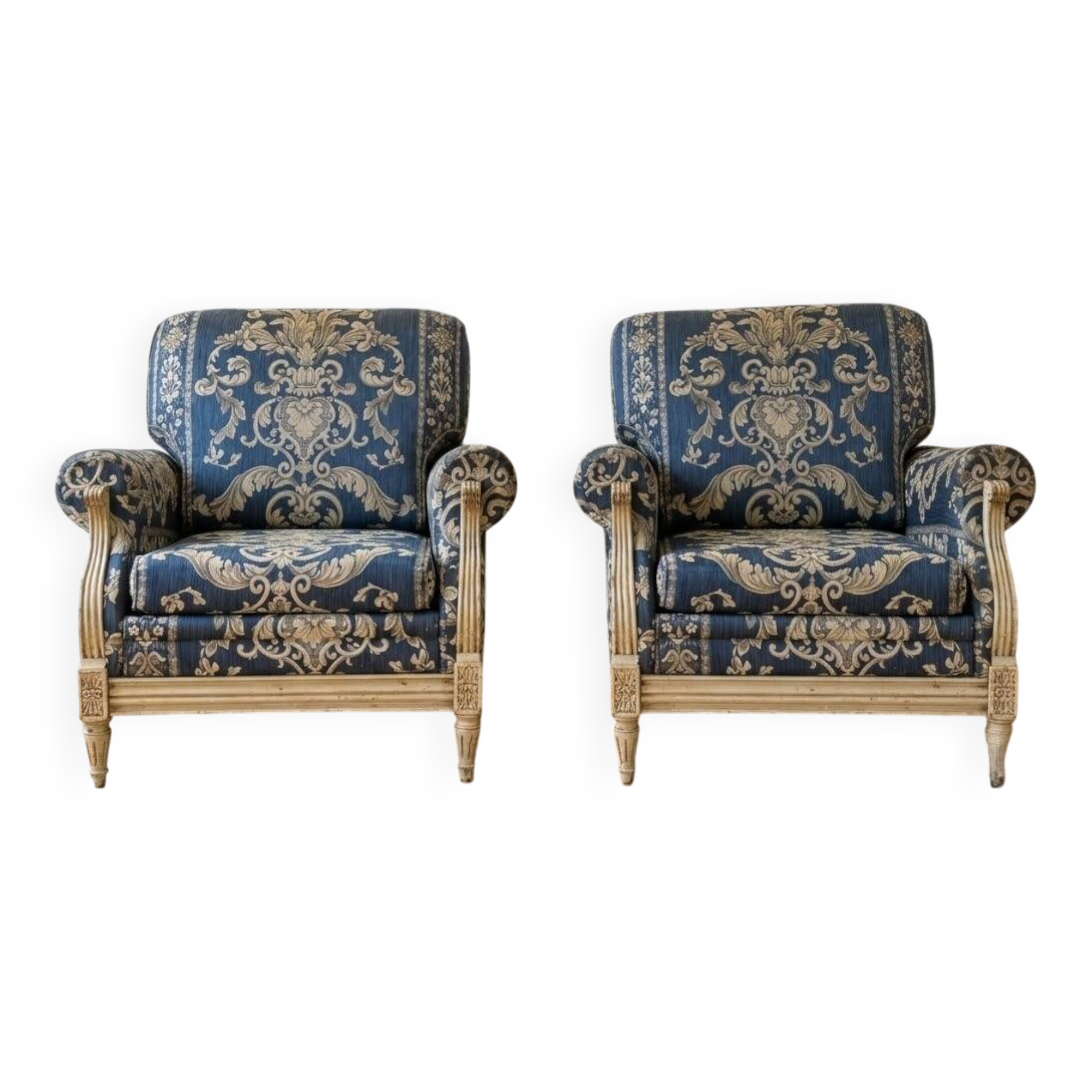 Pair of Armchairs, Louis XVI style, low model, white lacquered, blue fabric with royal decoration.