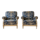 Pair of Armchairs, Louis XVI style, low model, white lacquered, blue fabric with royal decoration.