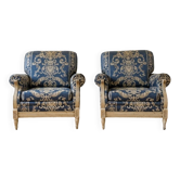 Pair of Armchairs, Louis XVI style, low model, white lacquered, blue fabric with royal decoration.
