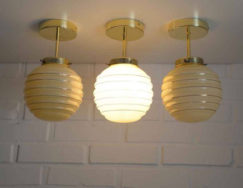 Set Of 3 Art Deco Semi Flush Ceiling Lights | 1940s Beige Hand Blown Glass