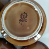 Coffee pot and sugar bowl in glazed stoneware, deep brown glazes.