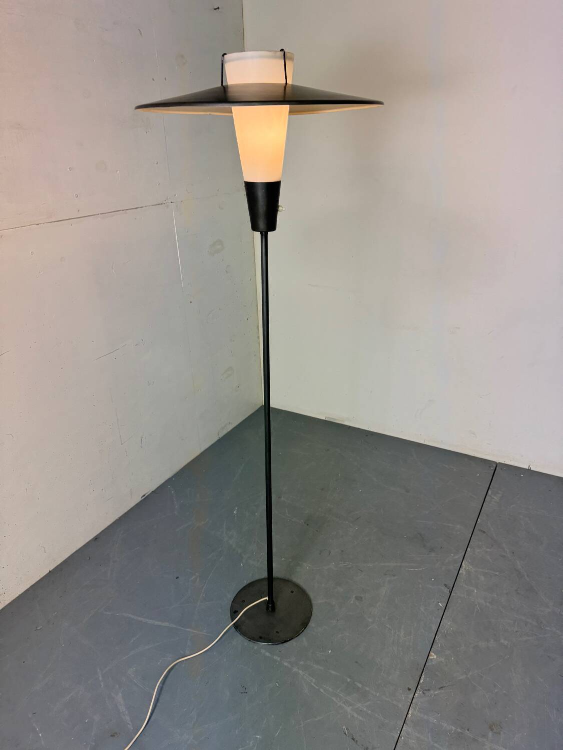 Mid Century France Modernist steel, brass and glass floor lamp, 1950s