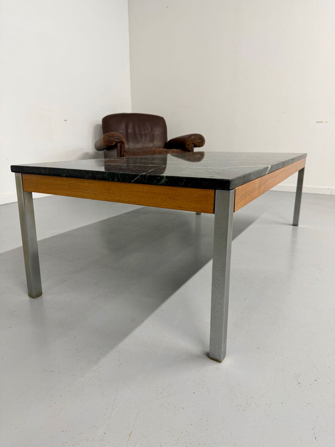 Vintage 1960s Italian design green marble and metal coffee table.