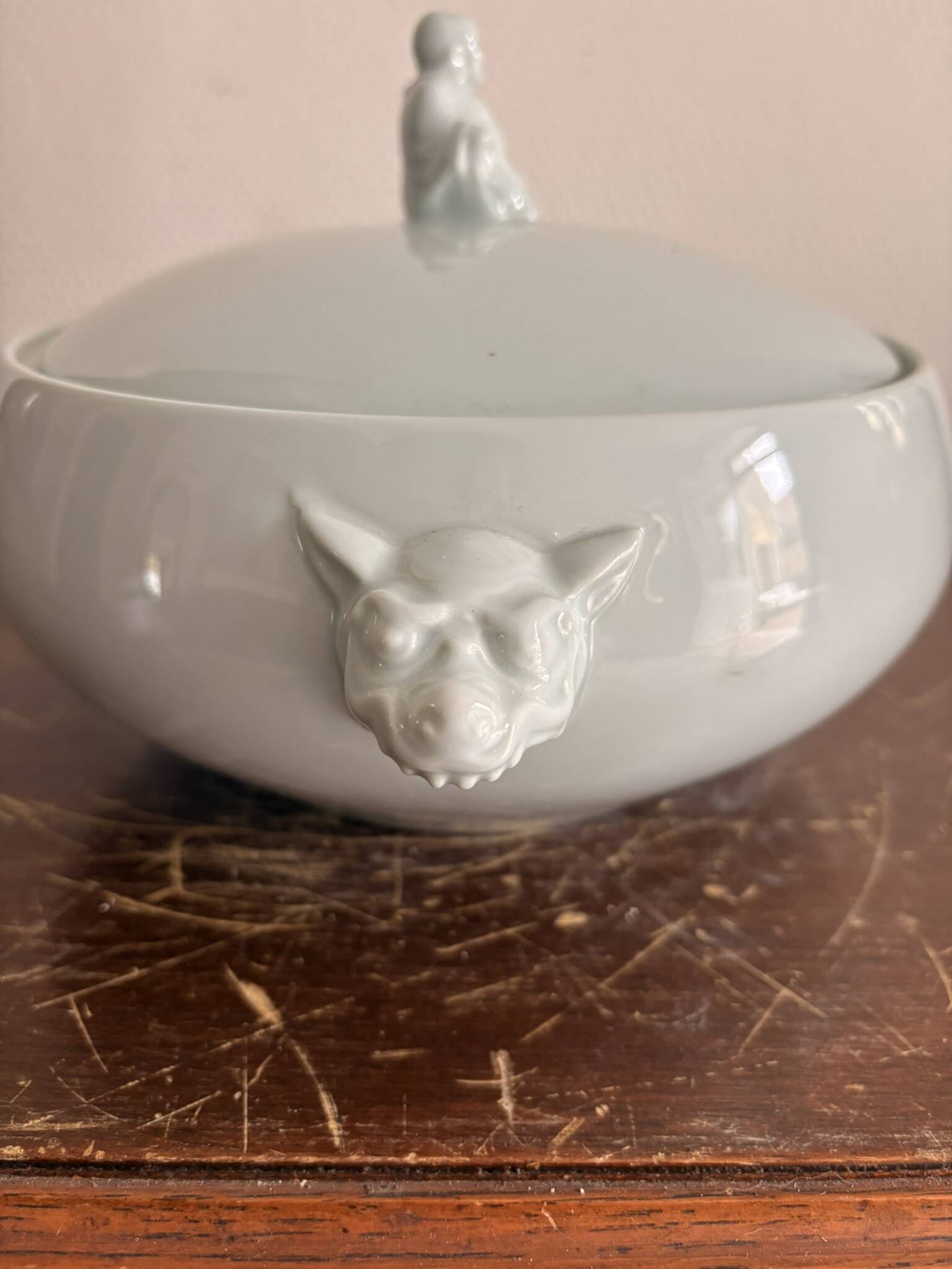 Celadon Ceramic Soup Tureen Vegetable Dish Buddha Art Deco