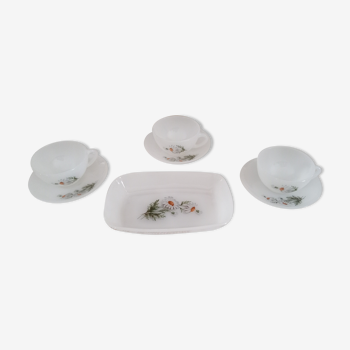Set of 3 coffee cups and sub-cup with ravier for biscuits Arcopal France model Marguerites