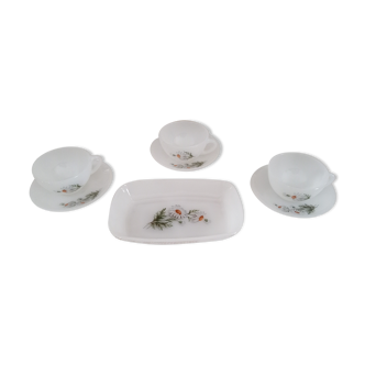 Set of 3 coffee cups and sub-cup with ravier for biscuits Arcopal France model Marguerites