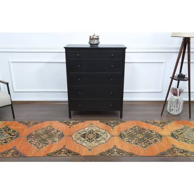 1970s Vintage Turkish Hand-Knotted Wool Cotton Orange Runner Rug 88x337